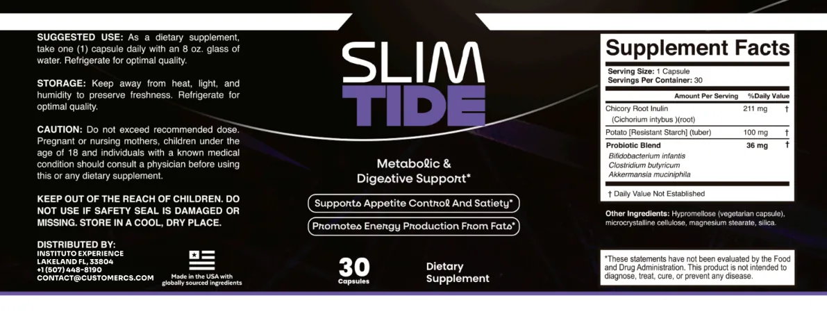 SlimTide Supplement Facts label showing Chicory Root Inulin 211mg, Potato Resistant Starch 100mg, and Probiotic Blend 36mg